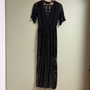 Whimsigoth Black Sheer Lace Long Dress Sz S Coquette Vampire Witchy Fairy Grunge